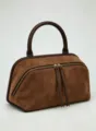 Braune Wildleder Boston Tasche für Damen, stilvolle Echtleder Pendler Handtasche mit Reißverschluss. - Kaffeebraun