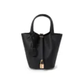 Schwarze Leder-Eimer Tasche mit Griff und Metallschloss für Damen im Pendlerstil neu - Schwarz