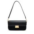 Schwarze Ledertasche mit Wildlederklappe und Goldbeschlägen, elegante Pendler-Baguettetasche. - 25x6x13cm / Schwarz