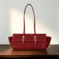 Rindsleder Wildleder Damen Umhängetasche, elegante West-Ost Schultertasche mit Doppelriemen. - 30x9.5x24.5cm / Rot