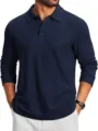 Men's dark blue long sleeve knit polo shirt detail view, casual slim fit top wear style. - Navy Blue