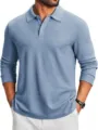 Mens long sleeve polo shirt casual knit solid color lapel top for autumn and winter - S / Tops / Light Blue