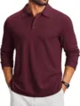 Detailed view of men's long sleeve polo shirt, solid color knit lapel top for autumn. - Burgundy