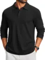 Detailed view of men's solid black long-sleeve polo shirt featuring a classic lapel collar. - S / Tops / Black