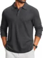 Men's long sleeve solid color knit polo shirt casual lapel top for autumn fashion style. - Dark Gray