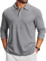 Men's solid color long sleeve polo shirt detail view, casual knit collar top for daily wear. - Light Gray