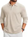 Detailed view of men's knit long-sleeve polo shirt with lapel collar and button placket. - S / Tops / Apricot