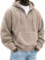 Felpa con cappuccio da uomo in pesante corduroy mezza zip casual ampia dettaglio - Kaki