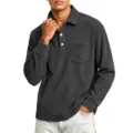 Men casual corduroy long sleeve polo shirt with chest pocket and turn down collar top - Black