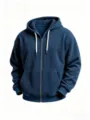Close-up of the dark blue corduroy zipped hoodie featuring textured vertical stripes and soft fabric. - S / Tops / Navy Blue