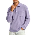 Men's Autumn Corduroy Long Sleeve Polo Shirt Casual Lapel Top with Chest Pocket Fashion - Light Purple