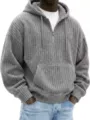 Men's heavy corduroy quarter-zip hoodie, casual loose solid color sweatshirt for daily wear. - S / Tops / Gray