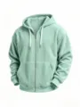 Men's corduroy zip-up hooded sweatshirt casual solid color loose fit jacket with pockets - Light Green