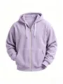 Close-up detail of purple corduroy fabric, metal zipper, and white drawstring on hooded jacket. - Light Purple