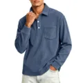 Men's corduroy long sleeve polo shirt detail view, featuring lapel collar and pocket. - S / Tops / Navy Blue