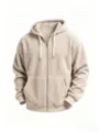 Men corduroy zip hoodie detail view, casual loose fit textured outerwear, beige autumn wear. - Apricot