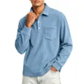 Detailed view of men's corduroy long-sleeve polo shirt featuring a classic lapel and chest pocket. - Sky Blue