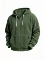 Men's dark green corduroy zip-up hoodie with hood, white drawstrings, and casual loose fit. - Army Green