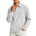 Close-up detail of mens corduroy long sleeve polo shirt, lapel collar and chest pocket. - S / Tops / Light Gray
