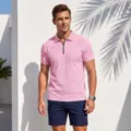 Men's short sleeve half-zipper polo shirt summer casual slim fit business athletic top apparel. - S / Tops / Pink