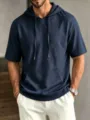 Detail view of mens short sleeve solid color hoodie casual tee comfortable stylish top - M / Tops / Navy Blue