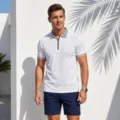 Men short sleeve white polo shirt with geometric print collar and half zipper design for summer. - S / Tops / White