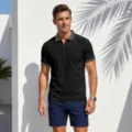 Men's short sleeve half zipper polo shirt with geometric collar and cuffs for summer. - Black