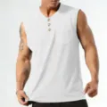 Men's summer casual sleeveless henley tank top with buttons and chest pocket solid color. - S / Tops / White