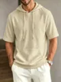 Detailed shot of mens casual short sleeve hooded t-shirt with front pocket and drawstring. - Khaki