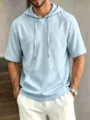 Light blue short sleeve hooded t-shirt detail showing chest pocket and adjustable drawstrings. - Sky Blue