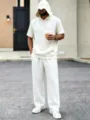 Men's casual short sleeve hooded tracksuit loose summer outfit solid color sportswear. - M / Top And Bottom / White