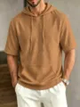 Men's solid color short sleeve hooded t-shirt casual loose pullover top for daily wear - Tan