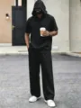 Men casual short sleeve hoodie tracksuit summer loose cotton linen athletic outfit streetwear. - M / Top And Bottom / Black