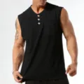 Men black sleeveless tank top detail, button front design and chest pocket for summer casual. - S / Tops / Black