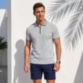 Casual mens short sleeve polo shirt detail featuring half zip collar and geometric trim design. - S / Tops / Light Gray