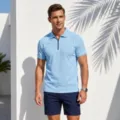 Men's casual short sleeve polo shirt with half zipper, summer breathable knit top for daily wear. - Sky Blue