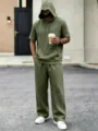Men summer linen casual hooded short sleeve tracksuit loose fit olive green sportswear set - Army Green