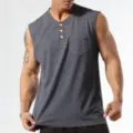 Men's dark gray sleeveless tank top featuring button placket and chest pocket detail. - S / Tops / Gray