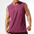 Men's casual sleeveless tank top with henley collar, buttons, and chest pocket in purple. - Rose Red