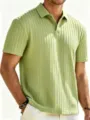 Men's light green short sleeve knit polo shirt, casual summer slim fit jacquard top. - Matcha Green