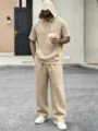 Men's casual short sleeve hoodie and trousers set, comfortable cotton linen summer wear. - M / Top And Bottom / Khaki