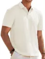 Men's Off-White Short Sleeve Knit Polo Shirt Casual Jacquard Textured Button Collar Top - S / Top (KM-POLO) / Off White
