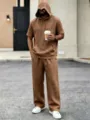 Men's summer casual linen hooded short-sleeve set in brown, comfortable loose fit style variant. - Tan