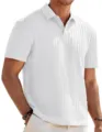 Men's white knitted short-sleeve polo shirt with textured vertical jacquard design. - S / Top (KM-POLO) / White