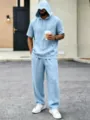 Men's casual linen hooded short sleeve suit summer loose comfortable two-piece light blue - Sky Blue