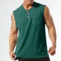 Men casual sleeveless Henley tank top in dark green summer daily wear with button detail - S / Tops / Dark Green