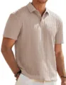 Men's casual knitted short sleeve polo shirt, solid color summer button lapel top. - S / Top (KM-POLO) / Khaki