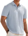 Men's casual summer knit short sleeve polo shirt with vertical texture and button collar. - Light Blue