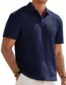 Men's Dark Blue Knitted Polo Shirt Summer Casual Short Sleeve Jacquard Top Shirt - Dark Blue