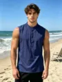 Detail view of men's linen sleeveless henley vest in dark blue for summer beach wear. - Navy Blue